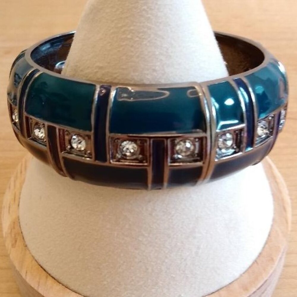 Vintage Teal Enamel Bracelet with Rhinestones
